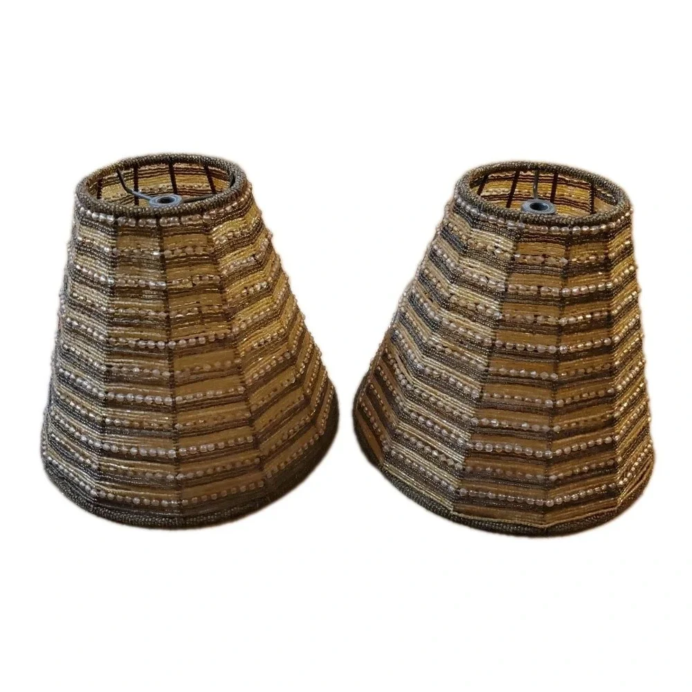 Vintage Lot Of 2 Glass Seed Beaded Lamp Shades‎ Retro 8 X 9 Inches